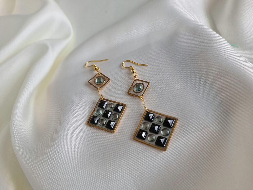 Gemmissime | Boucles d'Oreille Résine Tourmaline acier inoxydable damier